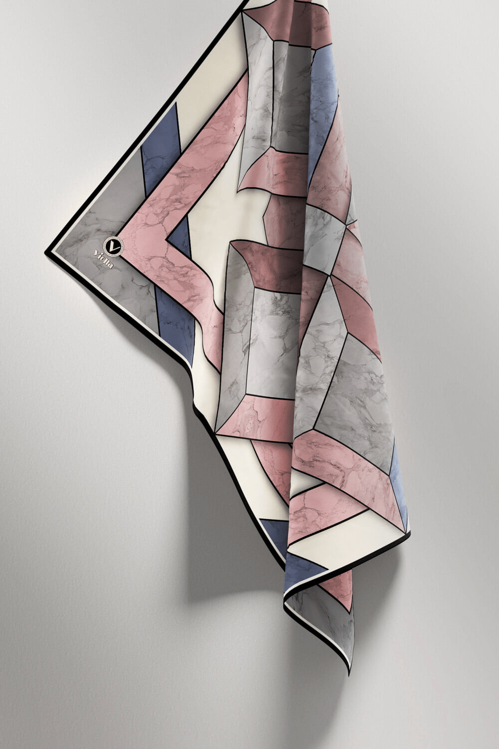 Twill Mermer Desenli Pudra - Bebe Mavisi Renkli 90x90 Eşarp (İpek İçermez) Kenar Dikiş Şekli El Dikişli