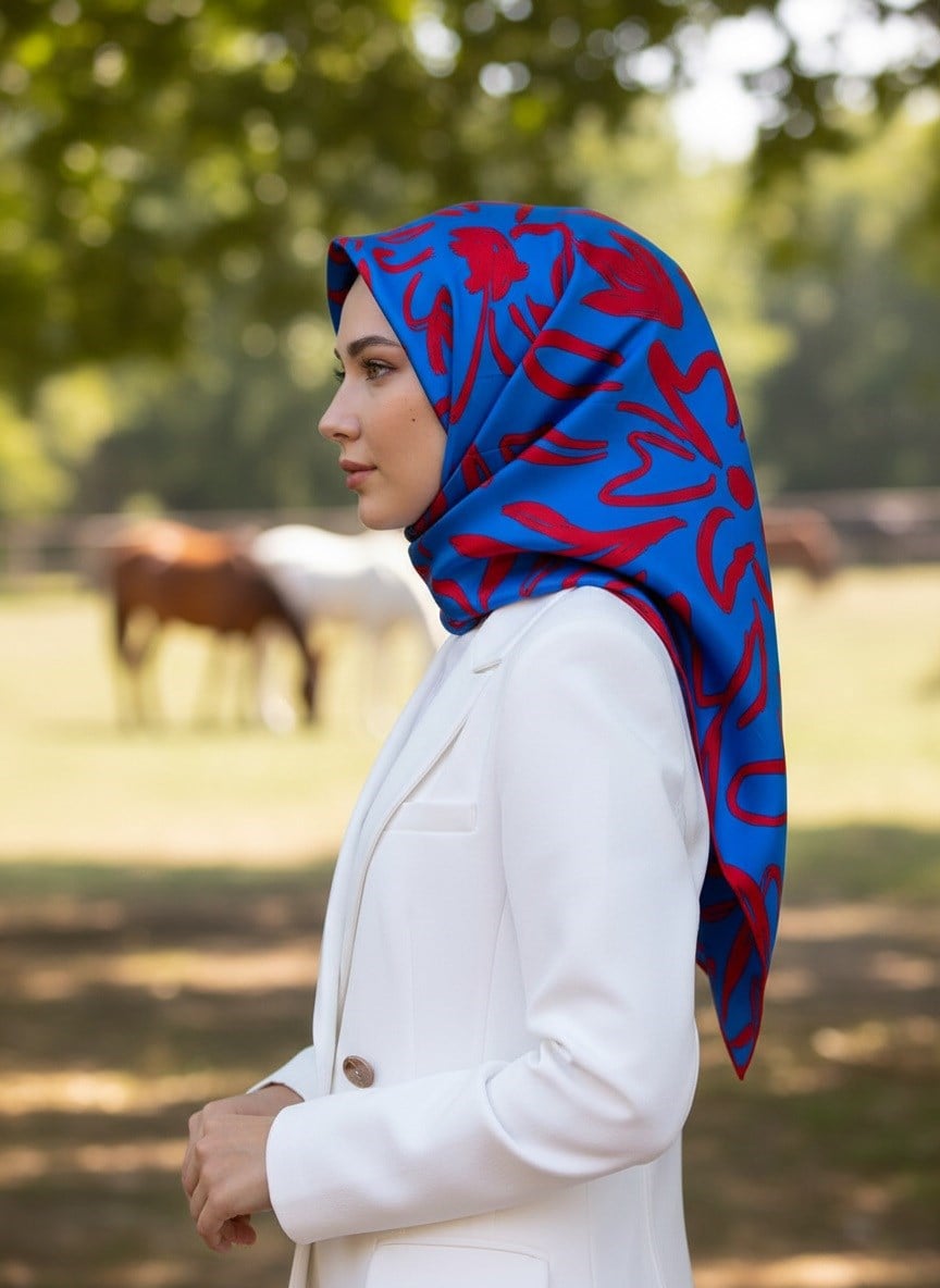 %100 Twill İpek Büyük Çiçek Desenli Saks - Kırmızı Renkli 90x90 Eşarp Dikim Şekli : El Dikişi