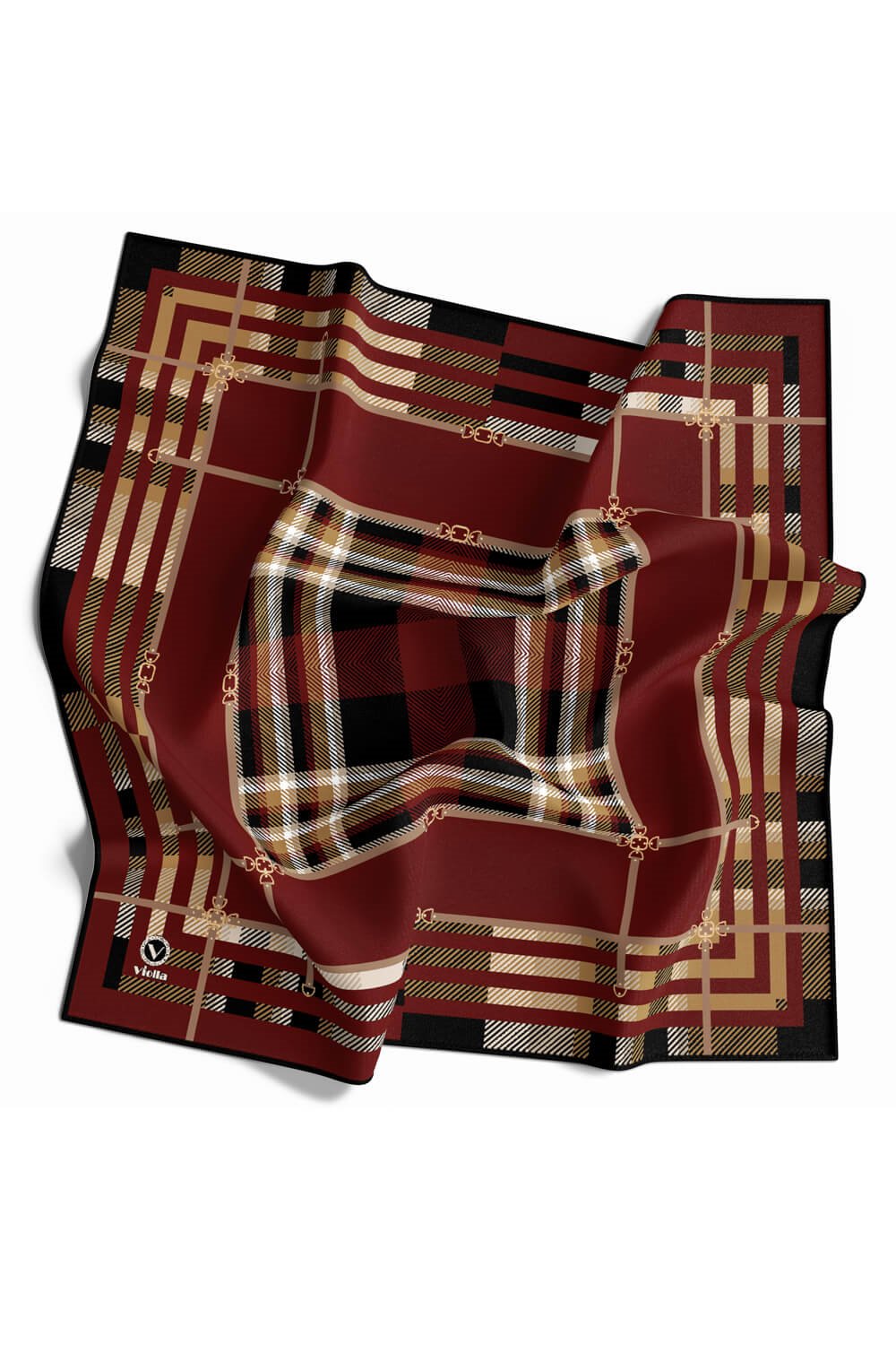 Twill Kemerli ve Ekose Desenli Bordo Renkli 90x90 Eşarp (İpek İçermez)Kenar Dikiş Şekli El Dikişli
