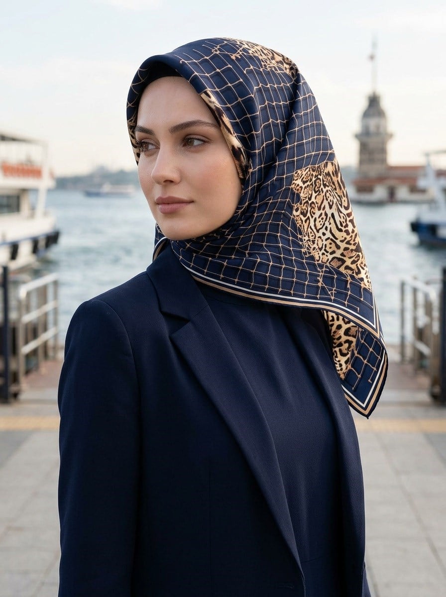 %100 Twill İpek Leopar Desenli Lacivert Renkli 90x90 Eşarp Dikim Şekli : El Dikişi