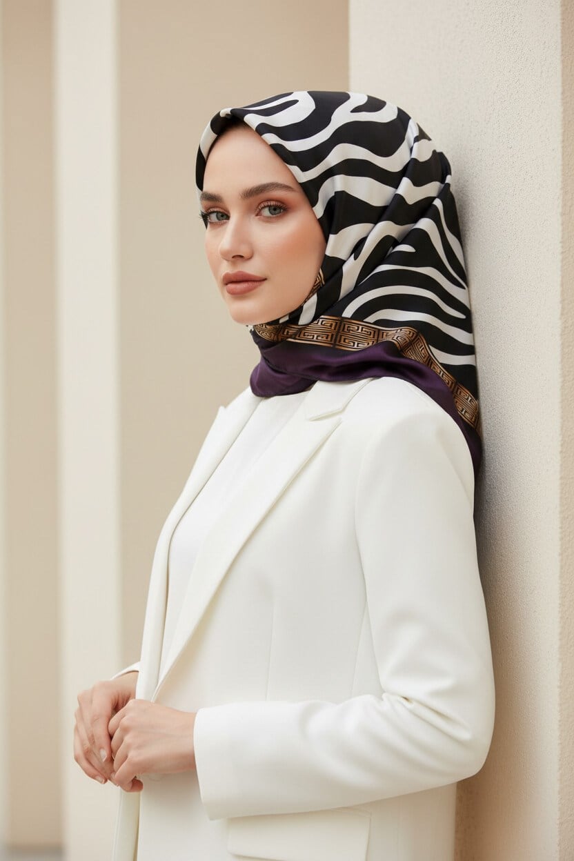 %100 Twill İpek Zebra Desenli Mürdüm - Gold Renkli 90x90 Eşarp Dikim Şekli : El Dikişi