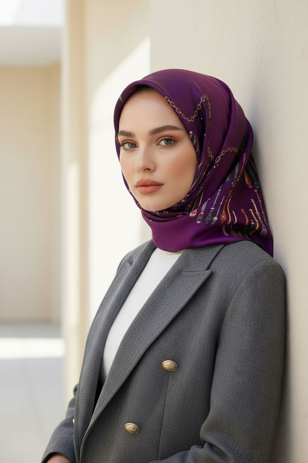 %100 Twill İpek Zincir Desenli Mürdüm Renkli 90x90 Eşarp Dikim Şekli : El Dikişi
