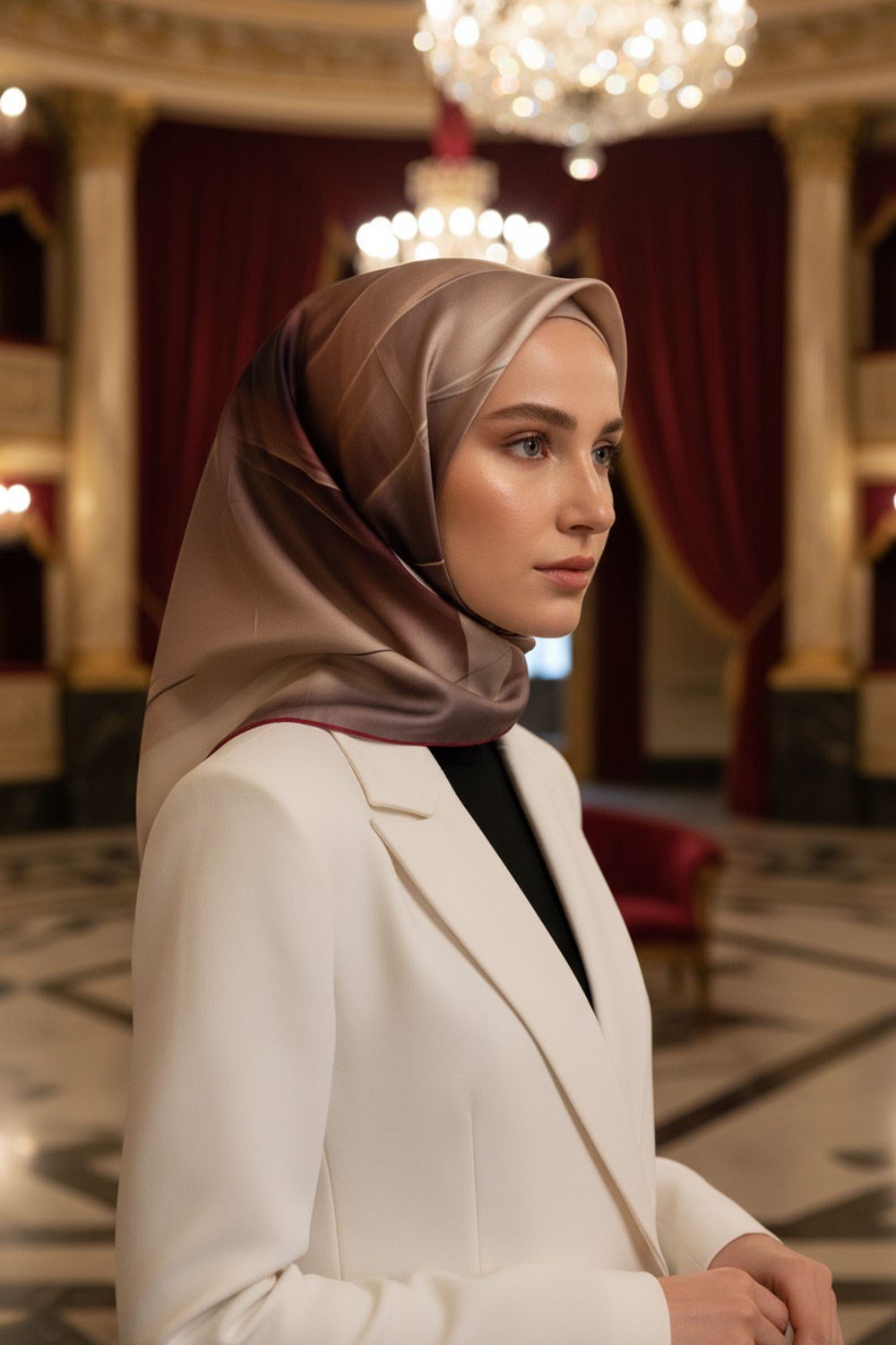 %100 Twill İpek Duman Desenli Hardal - Bordo Renkli 90x90 Eşarp Dikim Şekli : El Dikişi