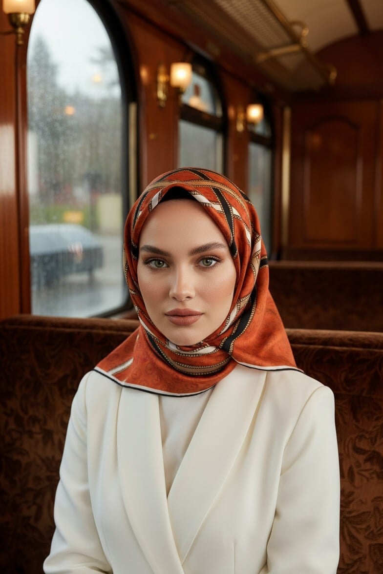 %100 Twill İpek Gold Şeritli Monogram Desenli Taba - Siyah Renkli 90x90 Eşarp Dikim Şekli : El Dikişi