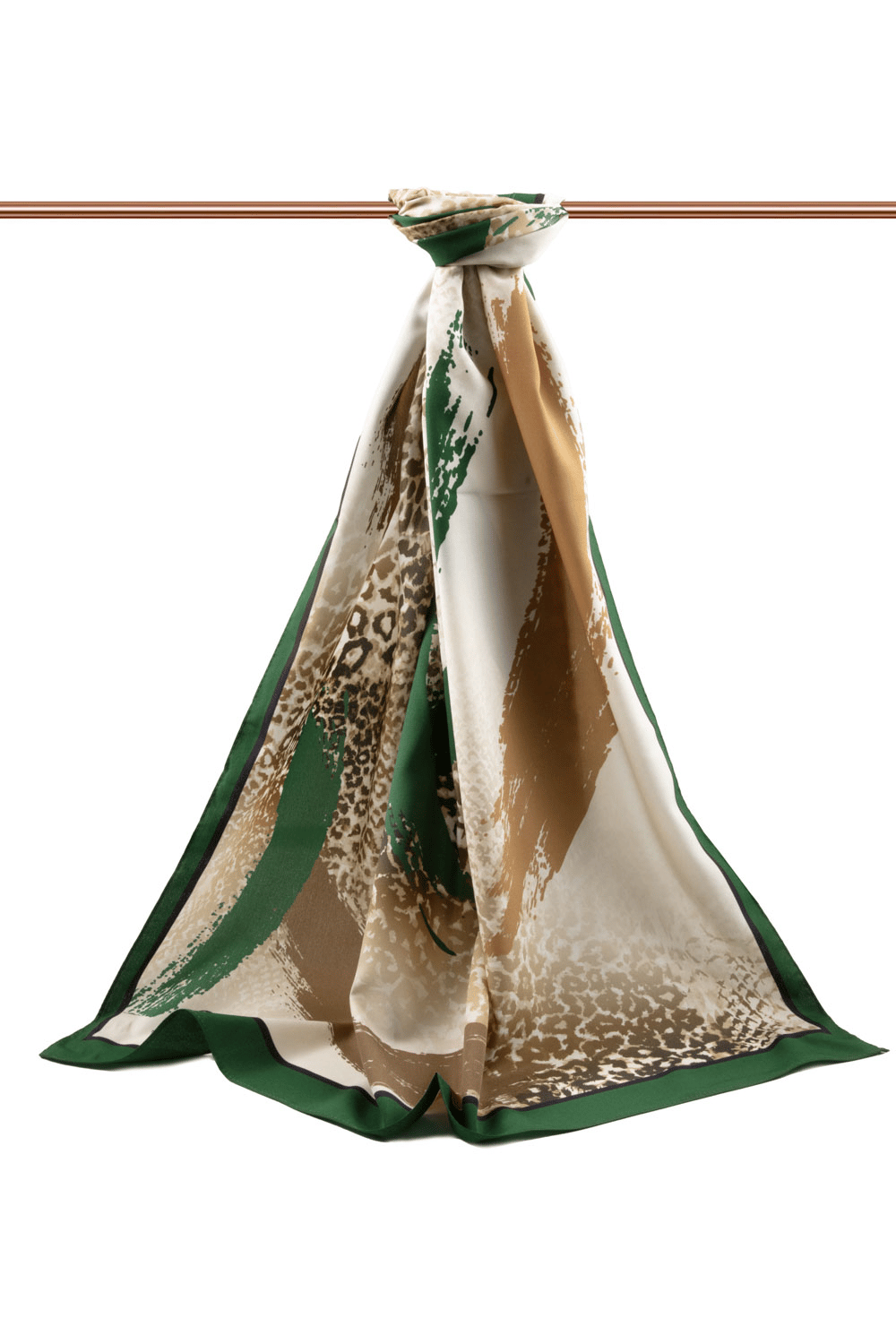 LÜKS MEDİNE İPEĞİ RENKLİ FIRÇA VE LEOPAR DESENLİ ZÜMRÜT YEŞİLİ RENKLİ 75X195 KIRIŞMAZ ŞAL MOSS KREP DİKİŞ TİPİ İTALYAN DİKİŞLİ