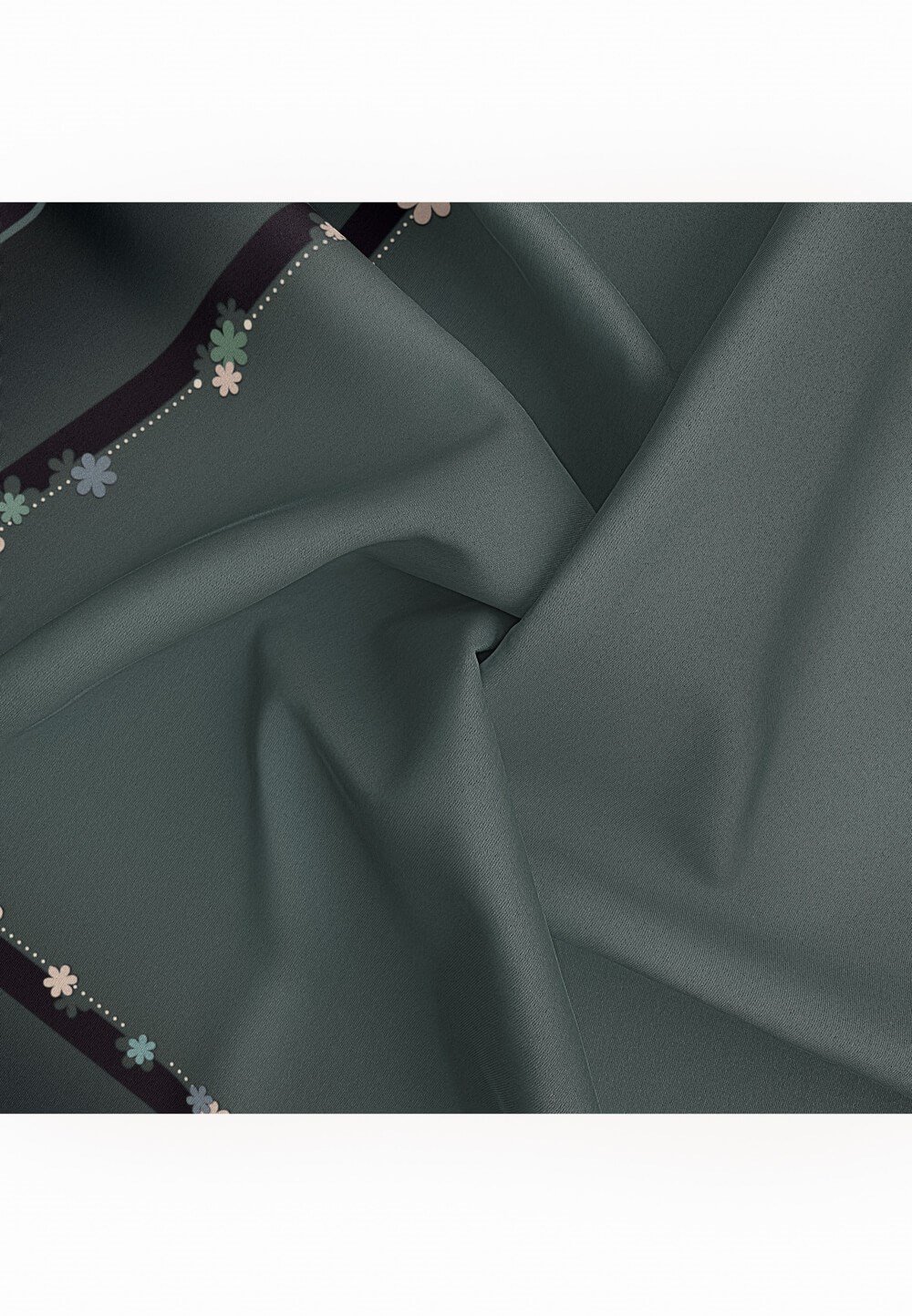 %100 Twill İpek Kenar Motifi Çiçek Desenli Petrol Yeşili - Siyah Renkli 90x90 Eşarp Dikim Şekli : El Dikişi