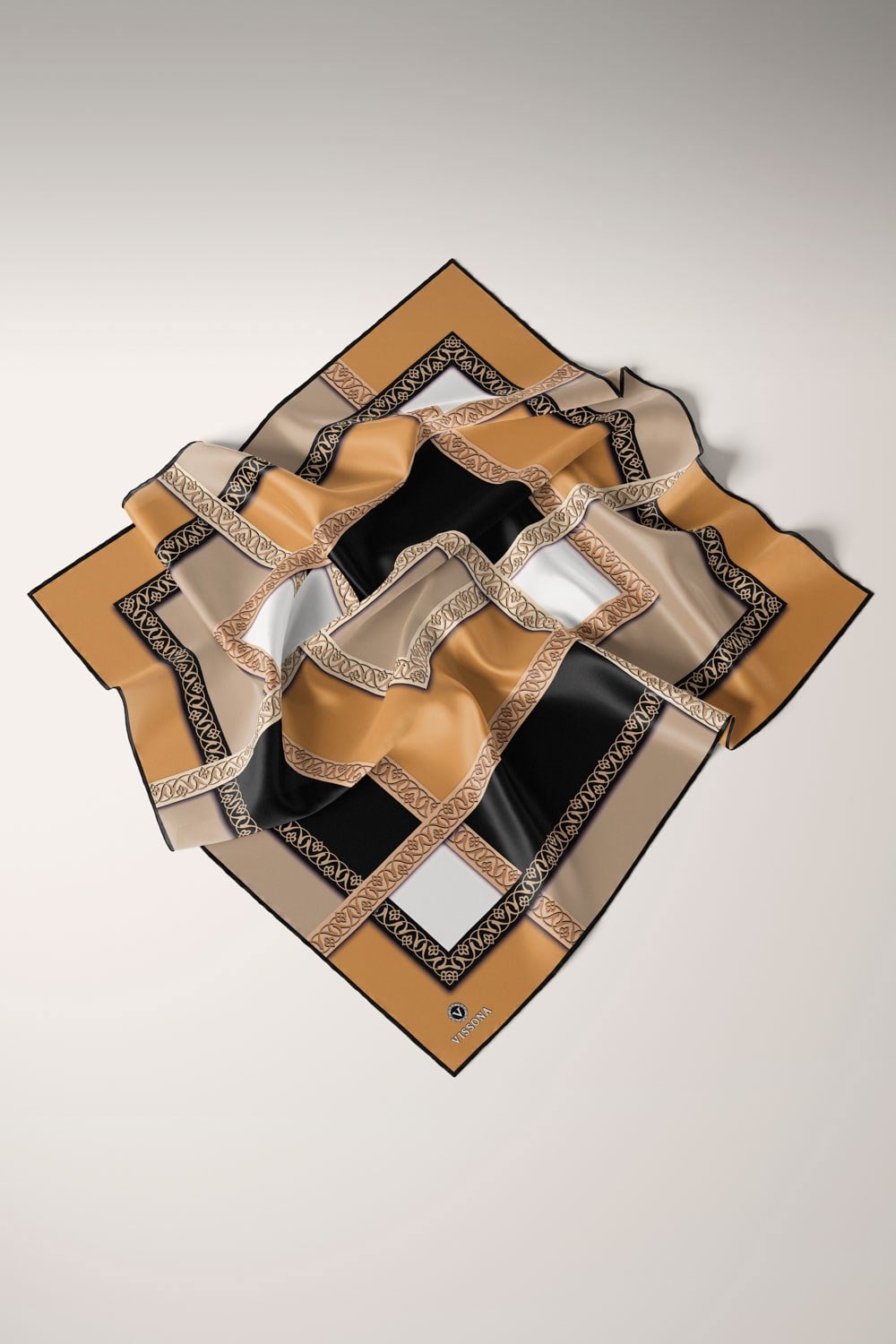 %100 Twill İpek Geometrik Desenli Gold - Siyah Renkli 90x90 Eşarp Dikim Şekli : El Dikişi