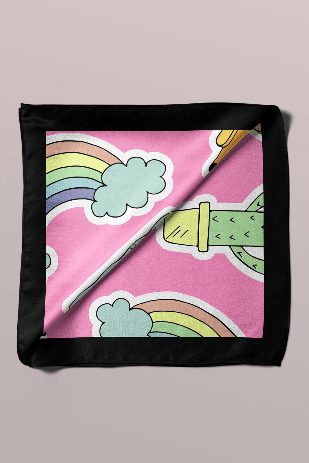 B75 Kadın Seda Desenli Bandana 50x50 Pembe DG0361-22 Snz