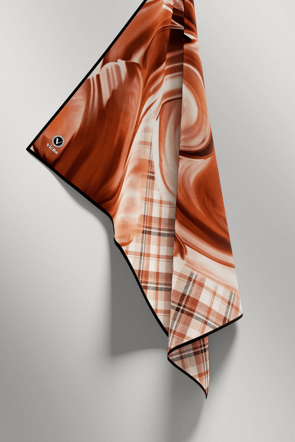 Twill Dalga ve Ekose Desenli Taba Renkli 90x90 Eşarp (İpek İçermez)Kenar Dikiş Şekli El Dikişli