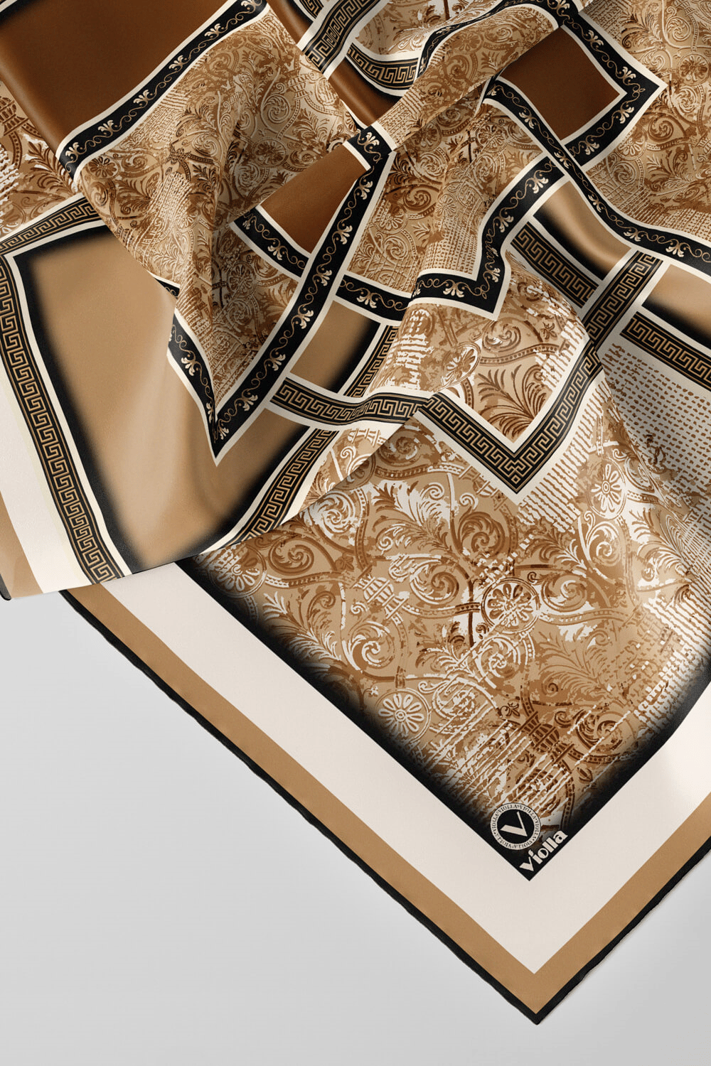 Twill Geometrik Desenli Hardal Renkli 90x90 Eşarp (İpek İçermez) Kenar Dikiş Şekli El Dikişli