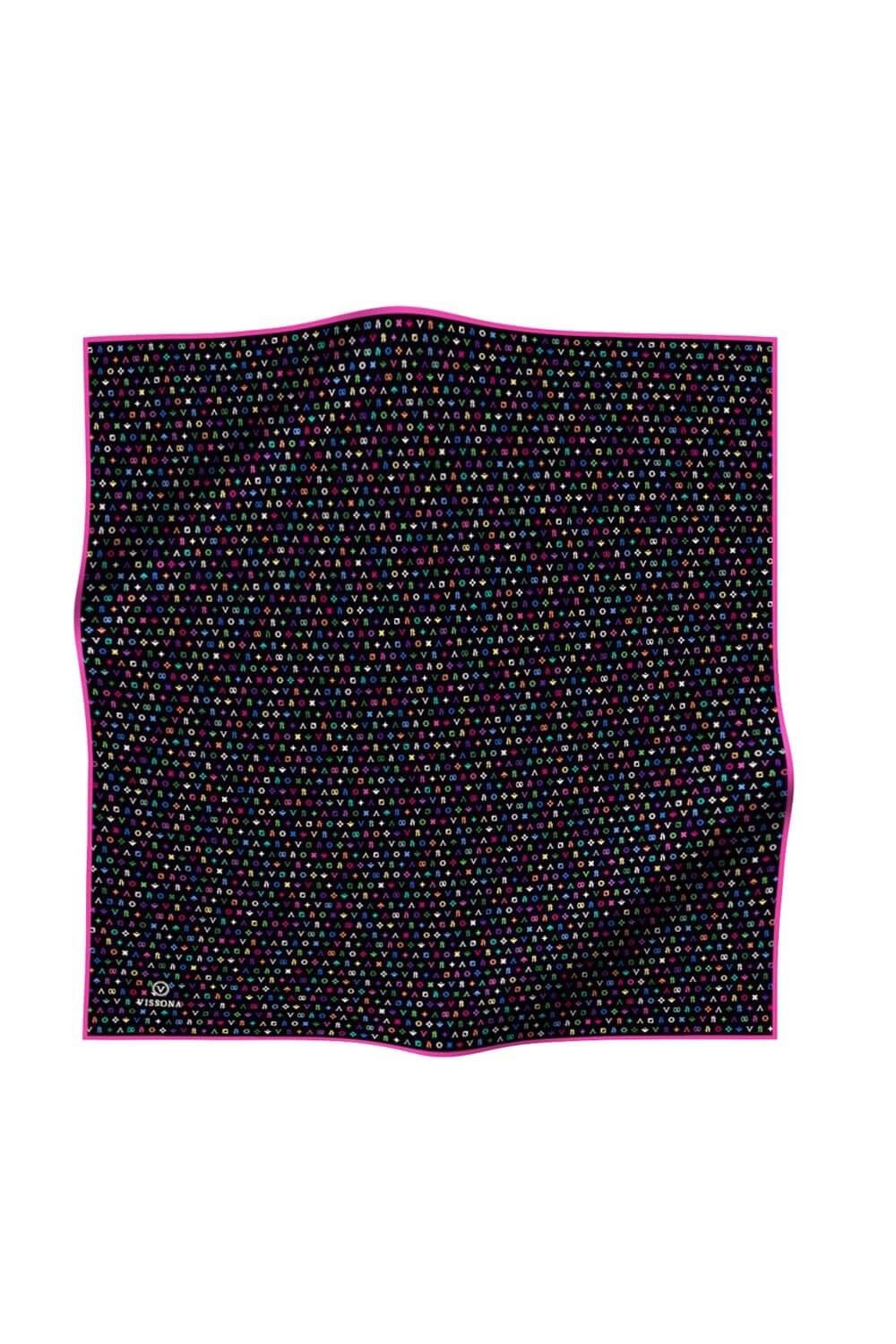 %100 Twill İpek Çıtır Motif Desenli Siyah - Fuşya Renkli 90x90 Eşarp Dikim Şekli : El Dikişi