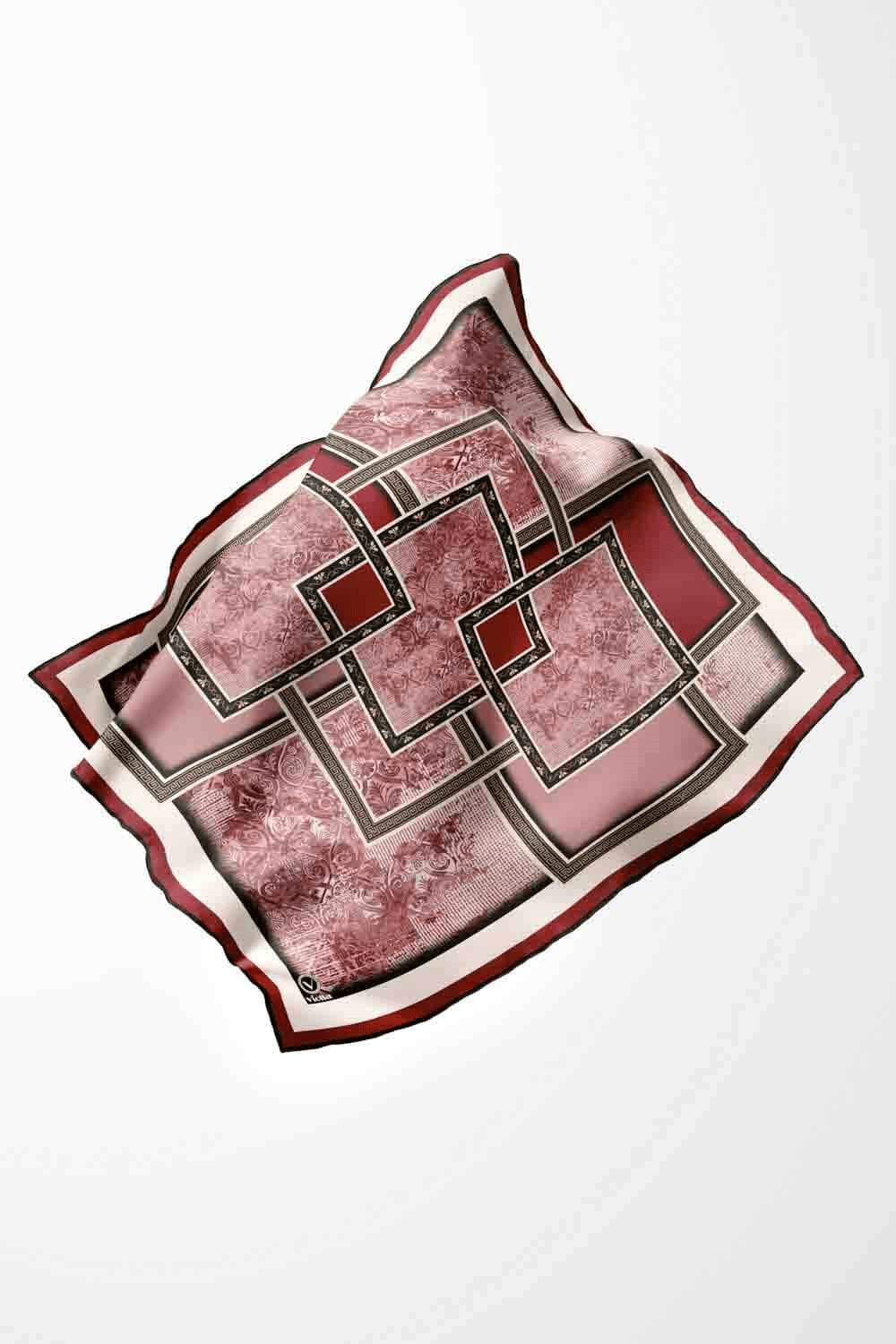Twill Geometrik Desenli Bordo Renkli 90x90 Eşarp (İpek İçermez) Kenar Dikiş Şekli El Dikişli