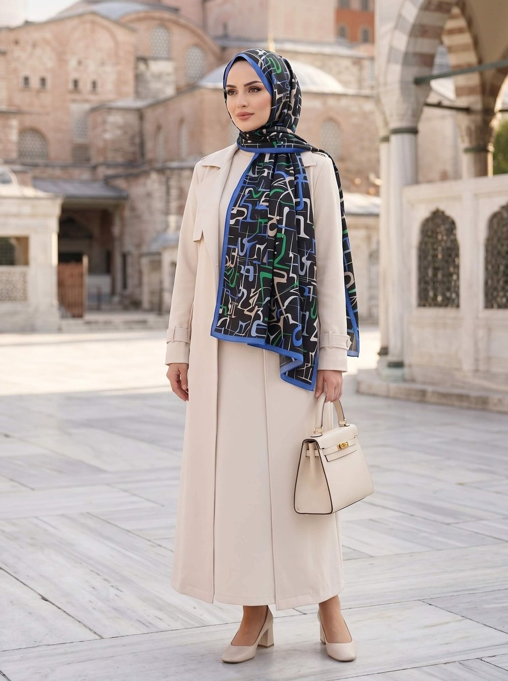 100% İPEK ÇİZGİLİ DESENLİ ZÜMRÜT YEŞİLİ - SAKS RENKLİ ŞAL