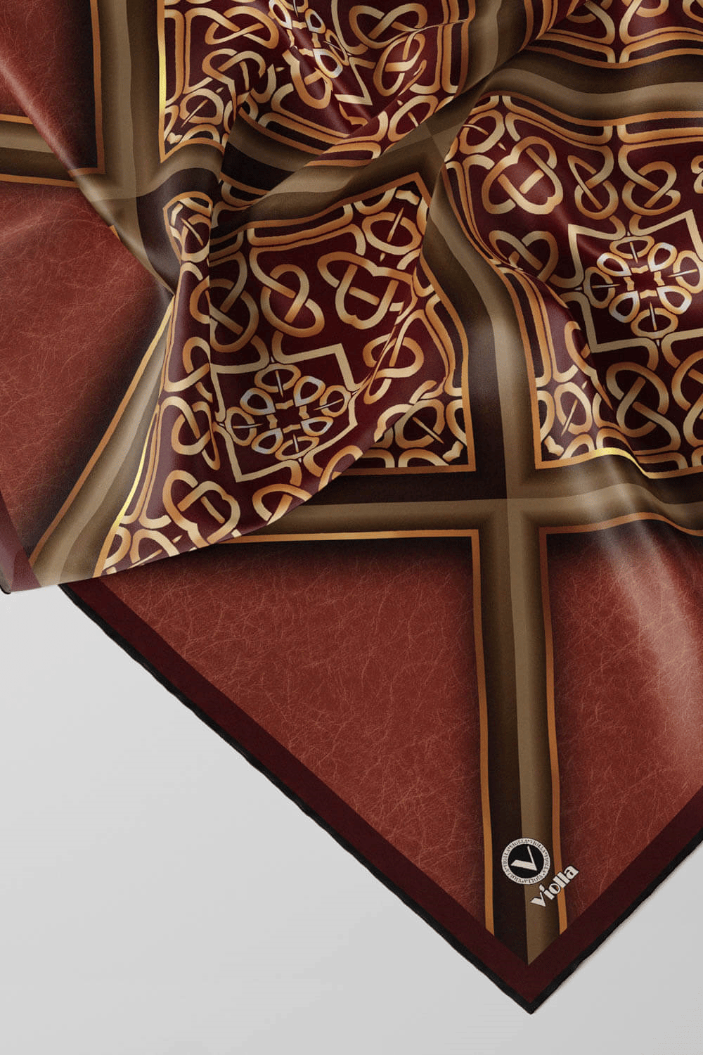 Twill Gold Çerçeveli Barok Desenli Taba Renkli 90x90 Eşarp (İpek İçermez) Kenar Dikiş Şekli El Dikişli