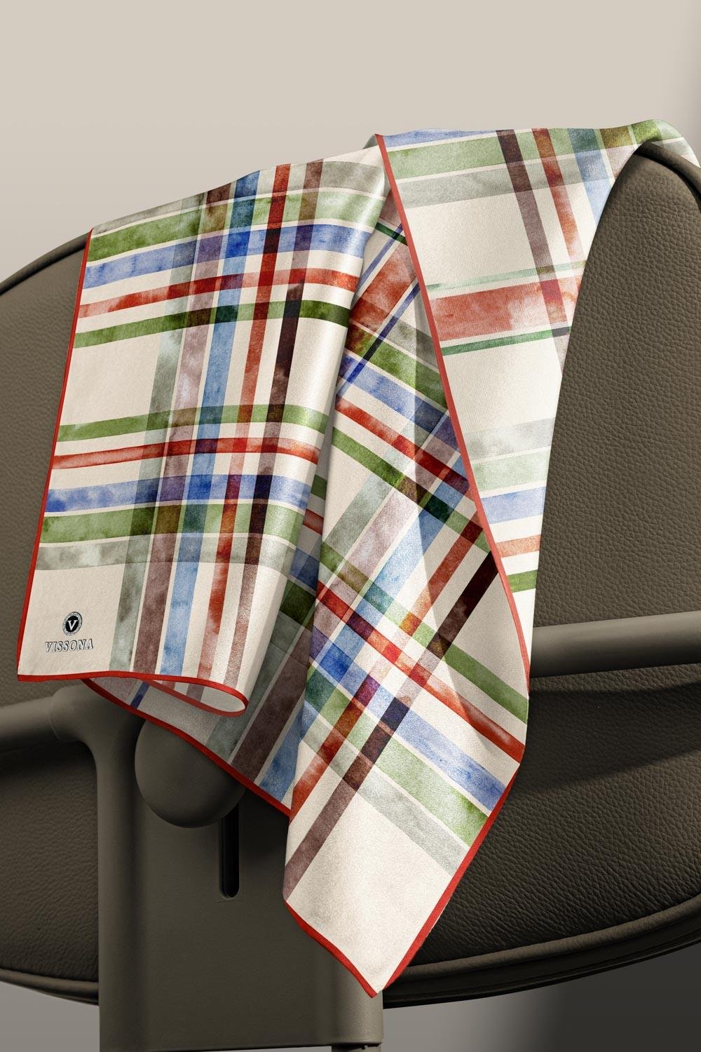 %100 Twill İpek Ekose Desenli Taba - Haki Renkli 90x90 Eşarp Kenar Dikiş Şekli El Dikişli
