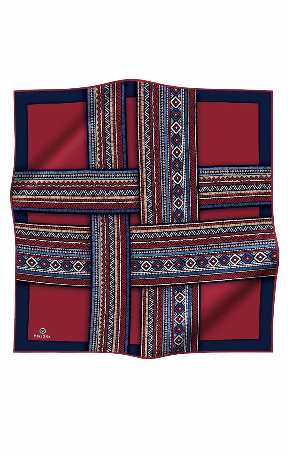 %100 Twill İpek Etnik Desenli Lacivert - Bordo  Renkli 90x90 Eşarp Dikim Şekli : El Dikişi