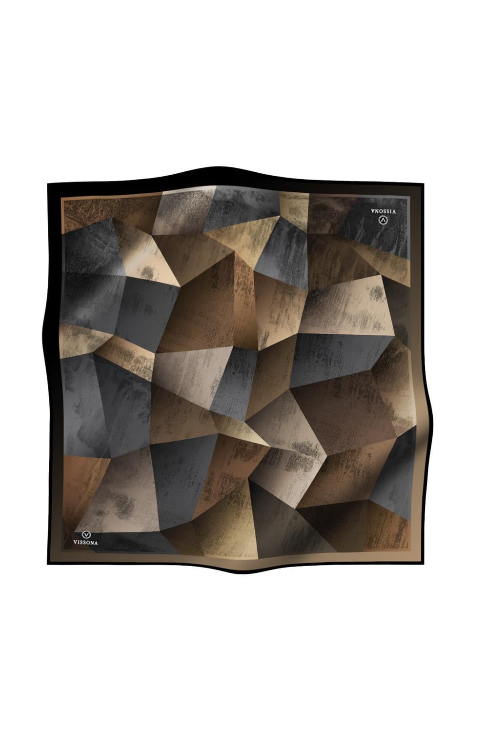 %100 Twill İpek Geometrik Desenli Bej - Gri Renkli 90x90 Eşarp Dikim Şekli : El Dikişi