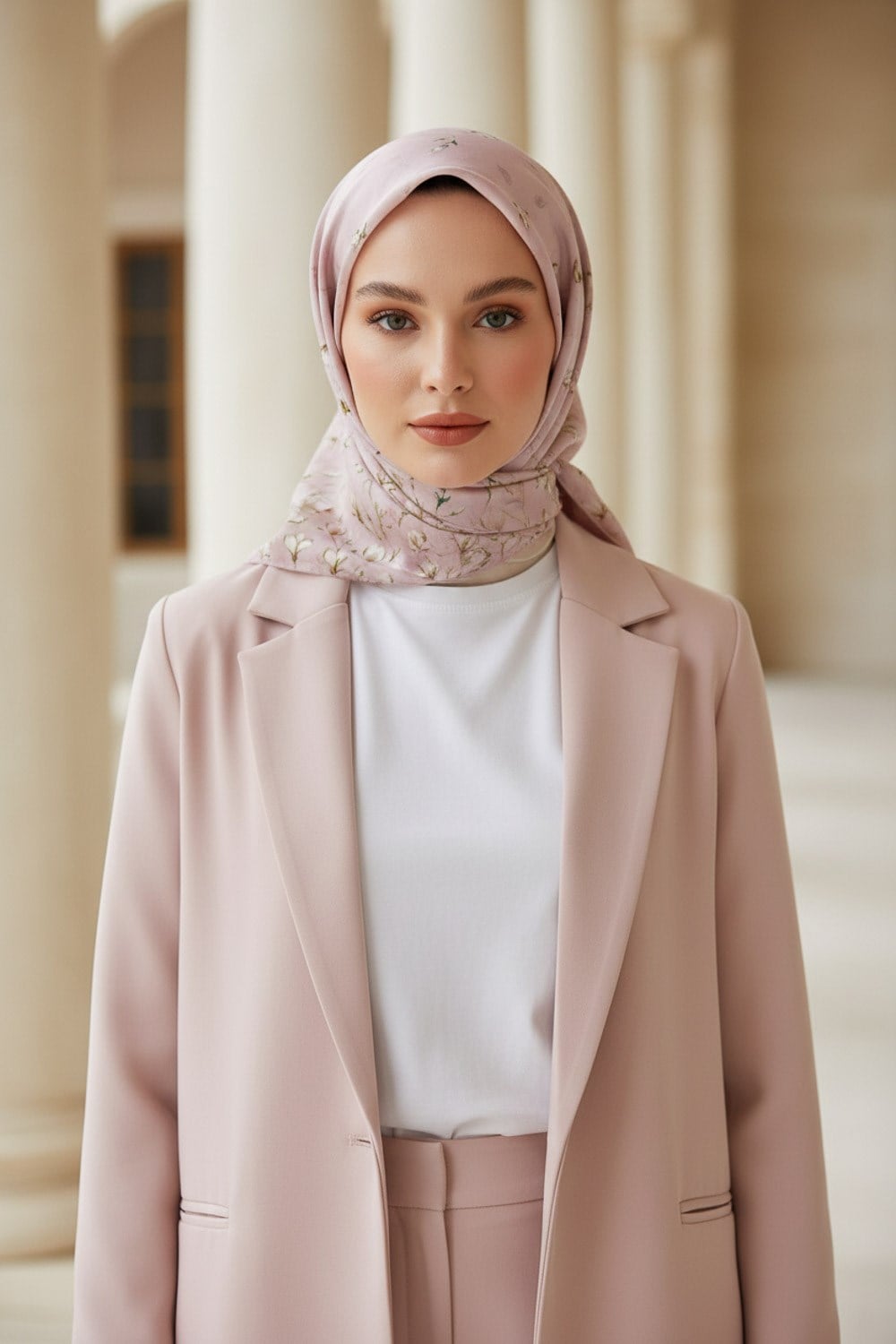 %100 Twill İpek Çiçek Desenli Pudra Renkli 90x90 Eşarp Dikim Şekli : El Dikişi