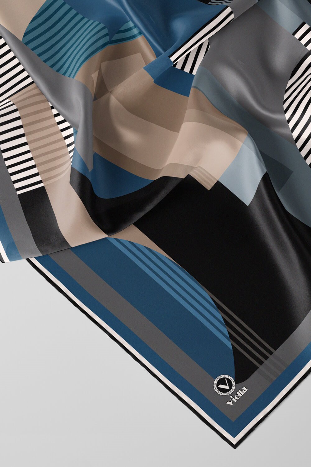Twill Çizgili Ve Geometrik Desenli  Petrol Mavisi Renkli 90x90 Eşarp (İpek İçermez) Kenar Dikiş Şekli El Dikişli