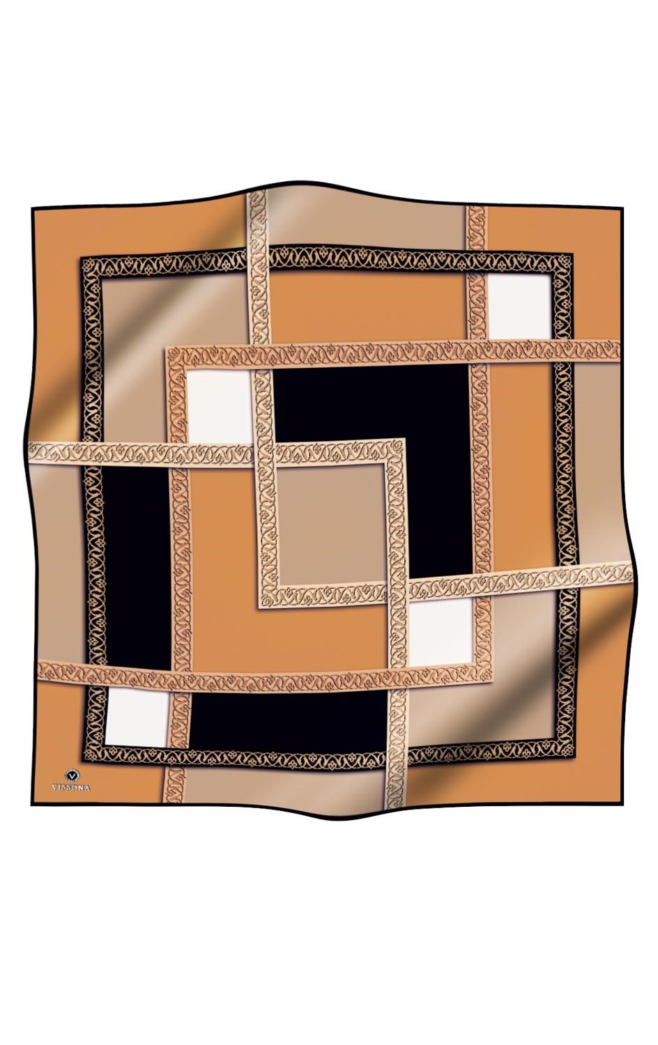 %100 Twill İpek Geometrik Desenli Gold - Siyah Renkli 90x90 Eşarp Dikim Şekli : El Dikişi