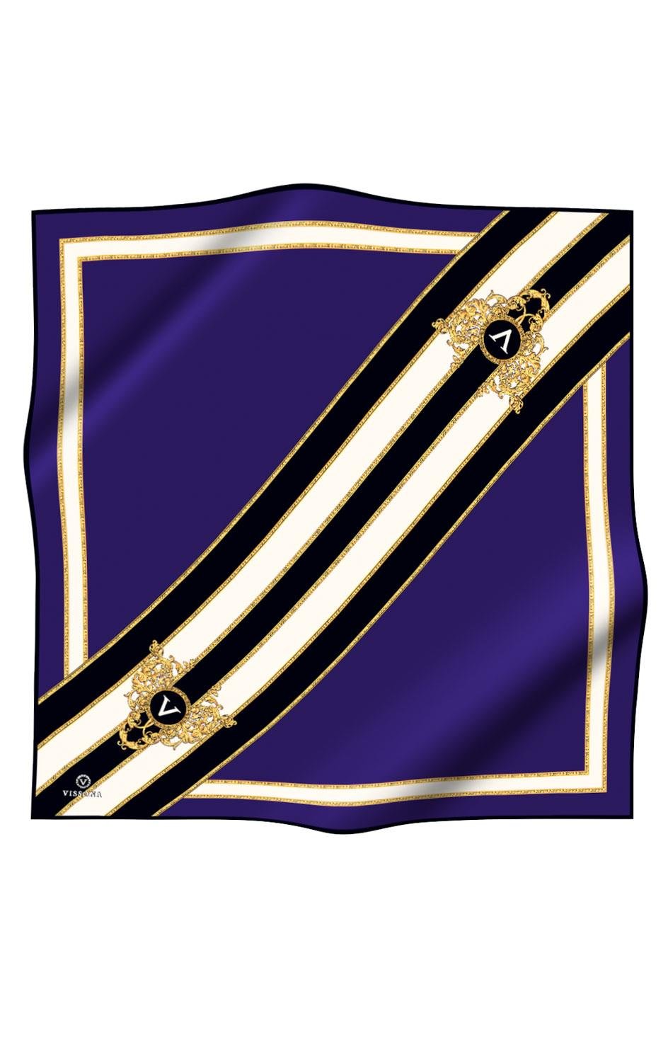 %100 Twill İpek Barok Ve Şerit Desenli Mor - Siyah Renkli 90x90 Eşarp Dikim Şekli : El Dikişi