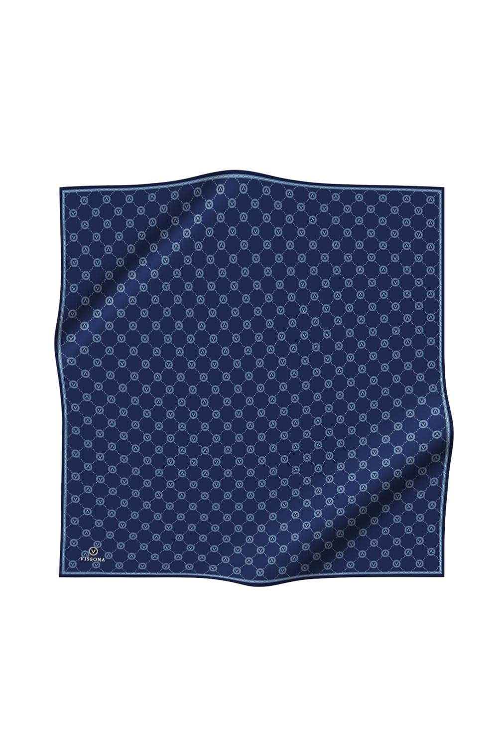 %100 Twill İpek Monogram Desenli İndigo Renkli 90x90 Eşarp Dikim Şekli : El Dikişi