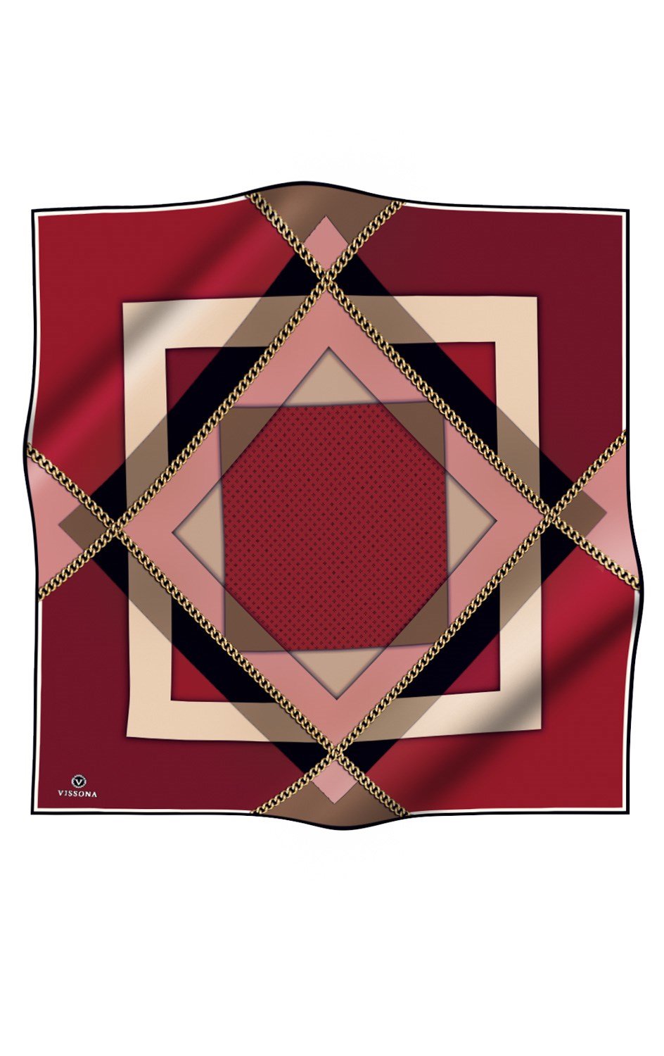 %100 Twill İpek Geometrik Desenli Bordo - Bej Renkli 90x90 Eşarp Dikim Şekli : El Dikişi