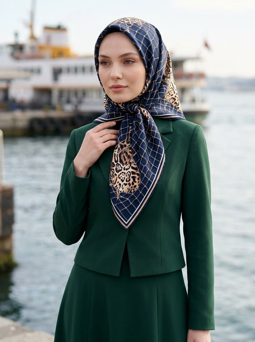 %100 Twill İpek Leopar Desenli Lacivert Renkli 90x90 Eşarp Dikim Şekli : El Dikişi