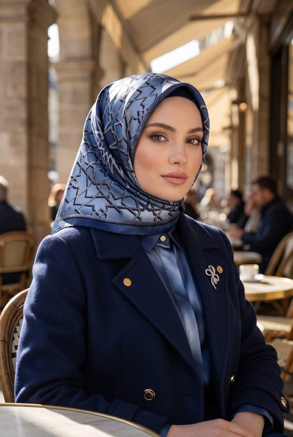 %100 Twill Türk Motifi  Desenli Bebe Mavisi Renkli 90x90 Eşarp Dikim Şekli: El Dikişi