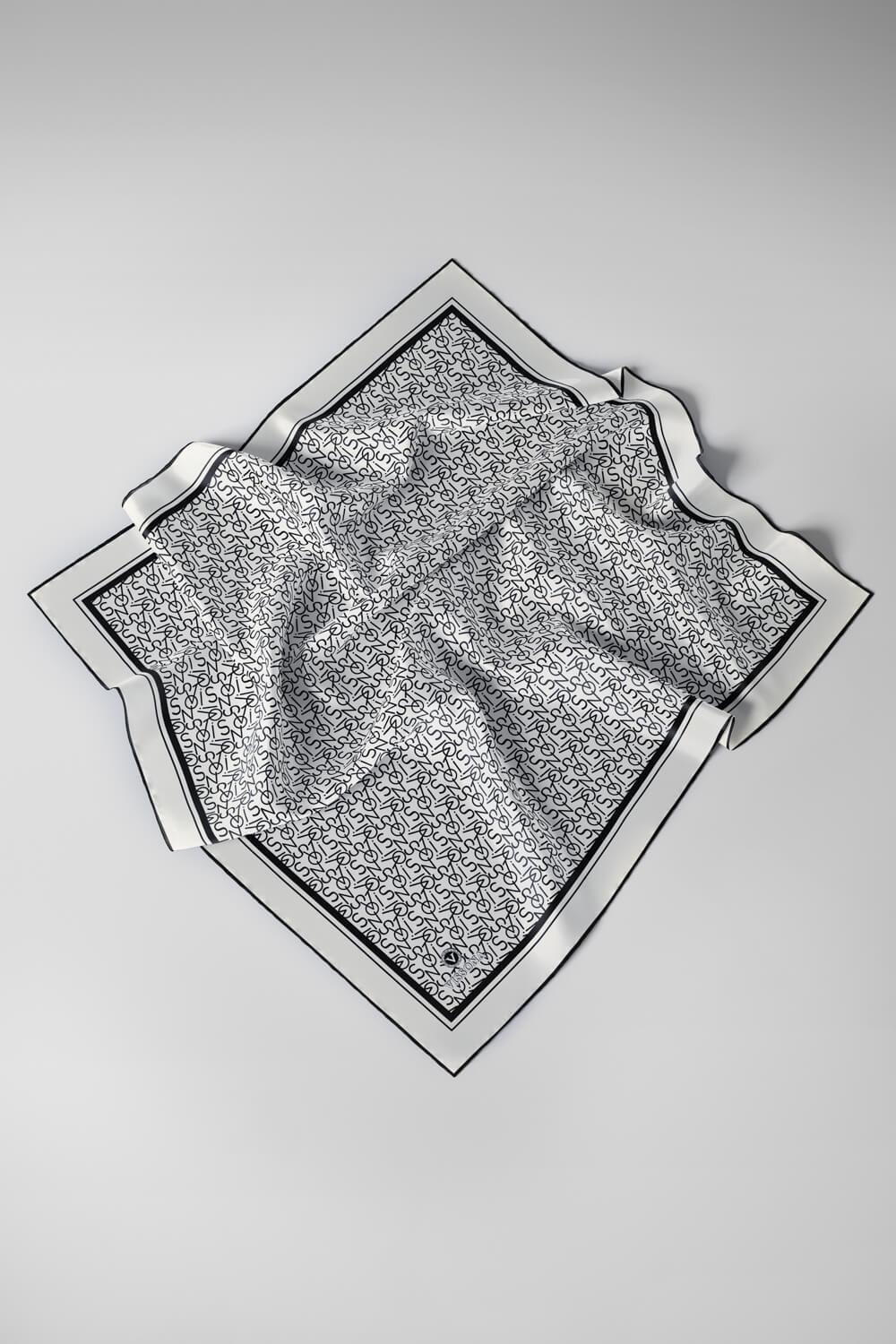 %100 Twill İpek Harf Desenli Krem - Siyah Renkli 90x90 Eşarp Dikim Şekli : El Dikişi