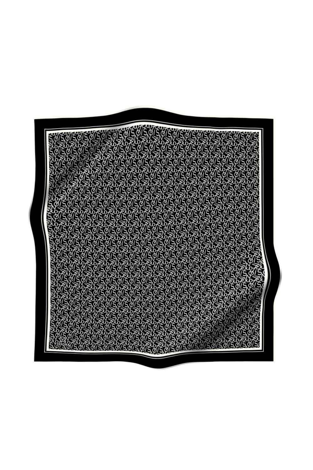 %100 Twill İpek Harf Desenli Siyah - Krem Renkli 90x90 Eşarp Dikim Şekli : El Dikişi