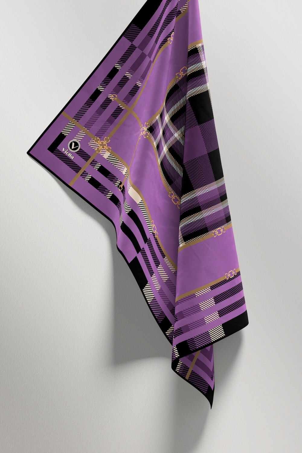 Twill Kemerli ve Ekose Desenli Lila Renkli 90x90 Eşarp (İpek İçermez)Kenar Dikiş Şekli El Dikişli