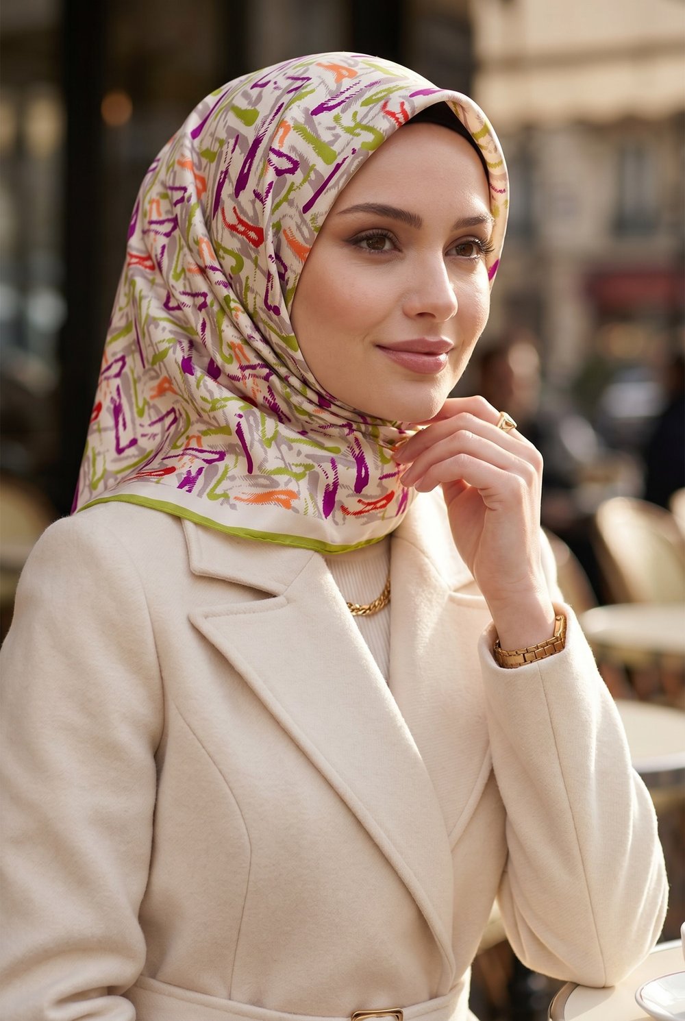 %100 Twill İpek Geometrik Desenli Fıstık Yeşili - Mürdüm Renkli 90x90 Eşarp Dikim Şekli : El Dikişi