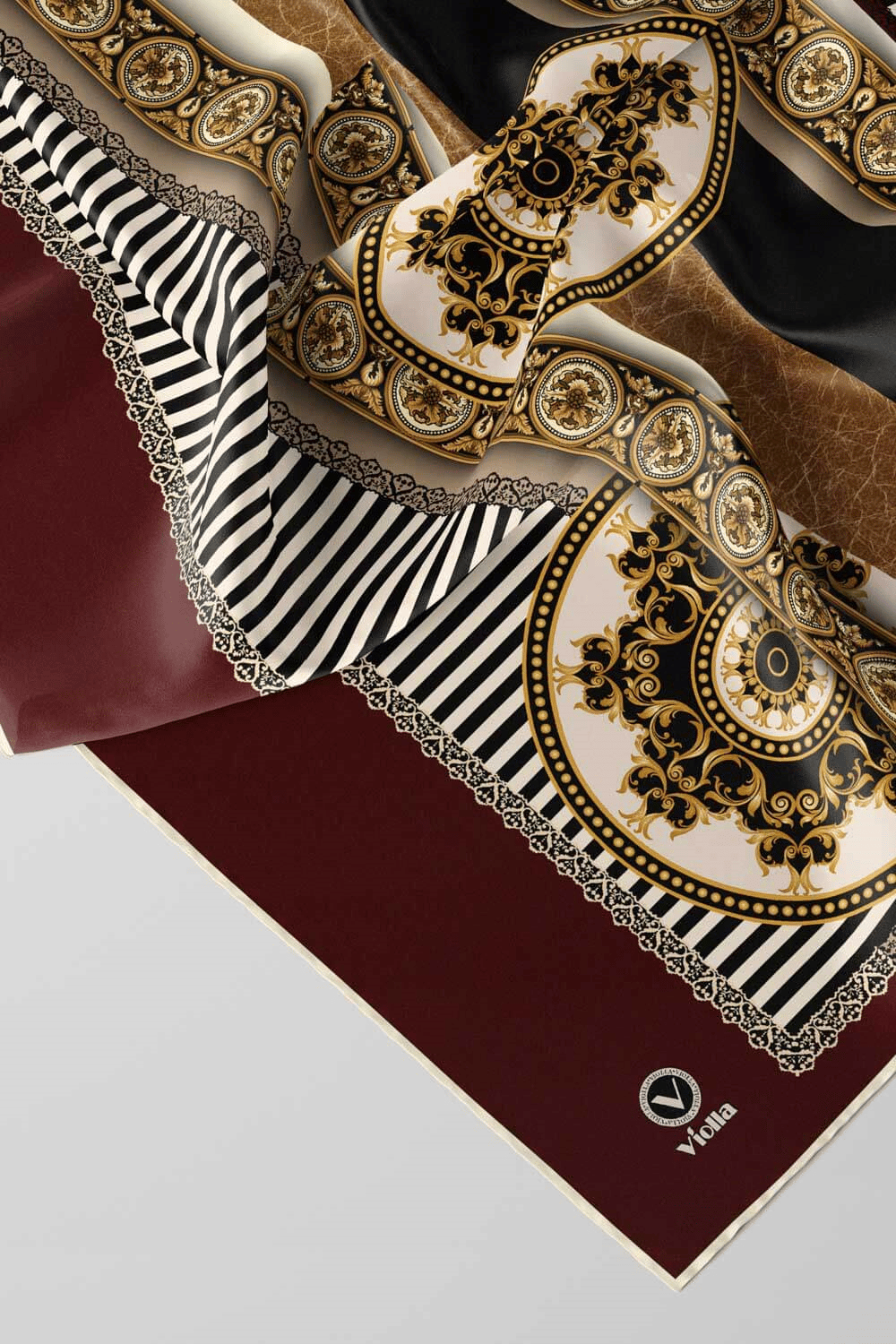 Twill Çizgili ve Barok Desenli Bordo Renkli 90x90 Eşarp (İpek İçermez) Kenar Dikiş Şekli El Dikişli
