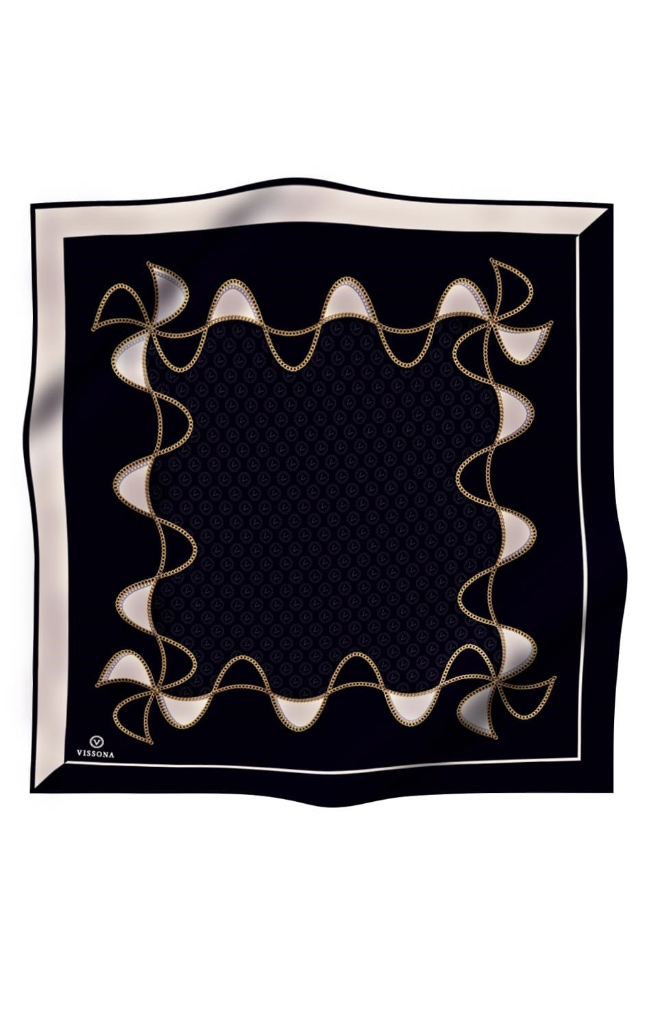 %100 Twill İpek Zincirli Ve Monogram Desenli Siyah - Krem Renkli 90x90 Eşarp Dikim Şekli : El Dikişi