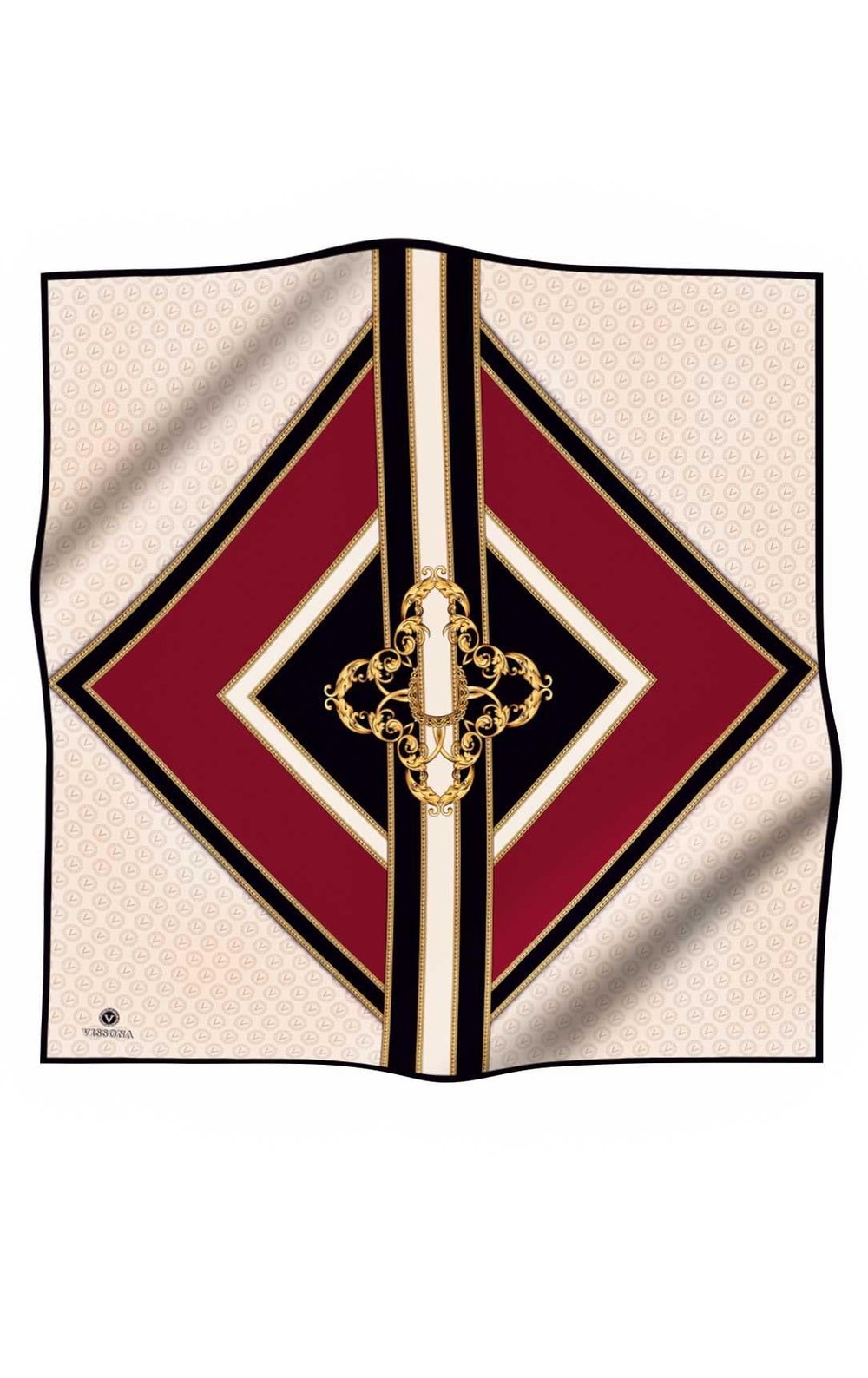 %100 Twill İpek Monogram ve Barok Desenli Bordo - Krem Renkli 90x90 Eşarp Dikim Şekli : El Dikişi
