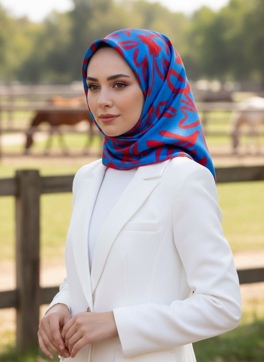 %100 Twill İpek Büyük Çiçek Desenli Saks - Kırmızı Renkli 90x90 Eşarp Dikim Şekli : El Dikişi