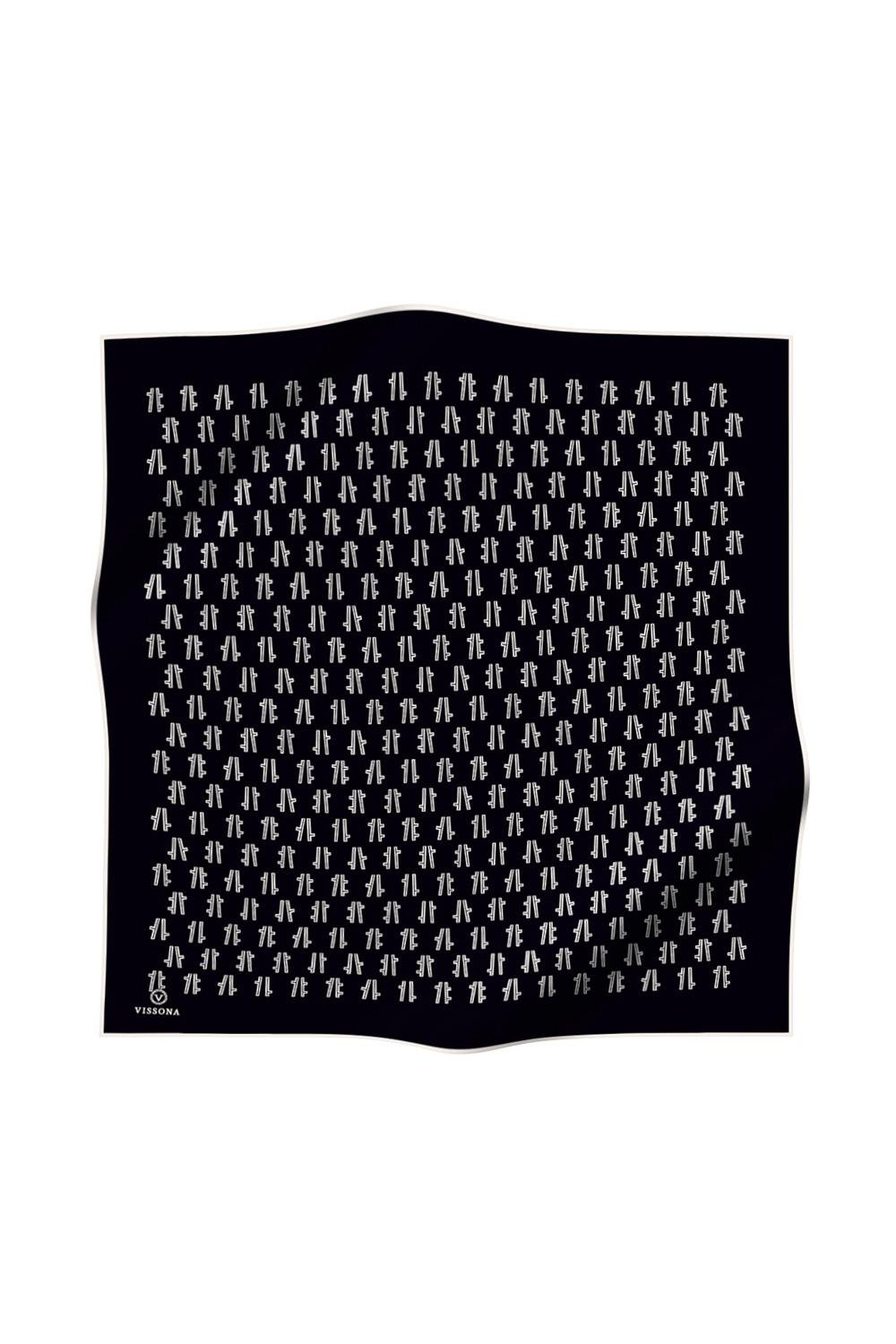 % 57 İPEK % 43 VİSKON Twill İpek Geometrik Desenli Siyah Renkli 90x90 Eşarp Dikim Şekli : El Dikişi
