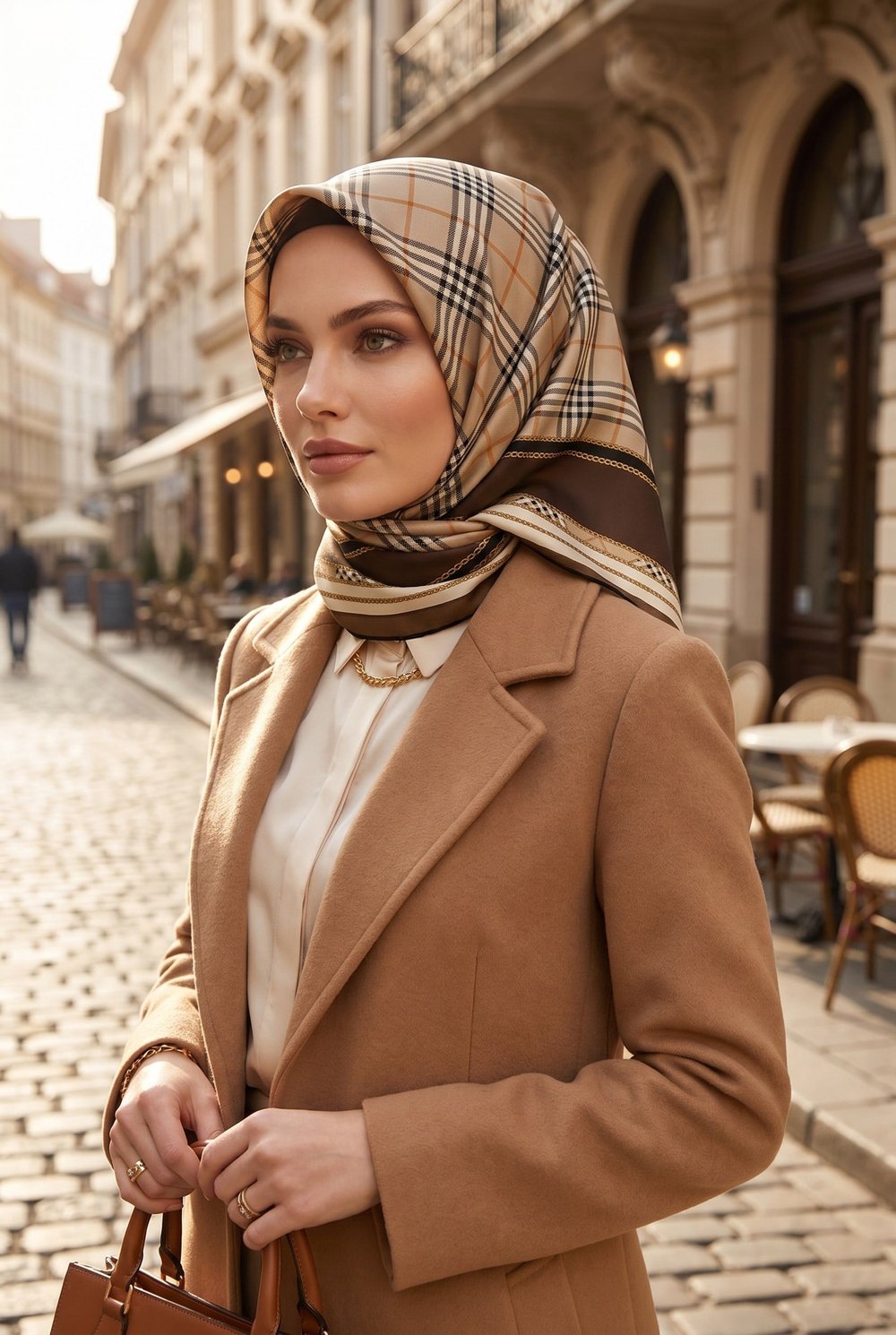 %100 Twill İpek Ekose Desenli Kahverengi Renkli 90x90 Eşarp Dikim Şekli : El Dikişi