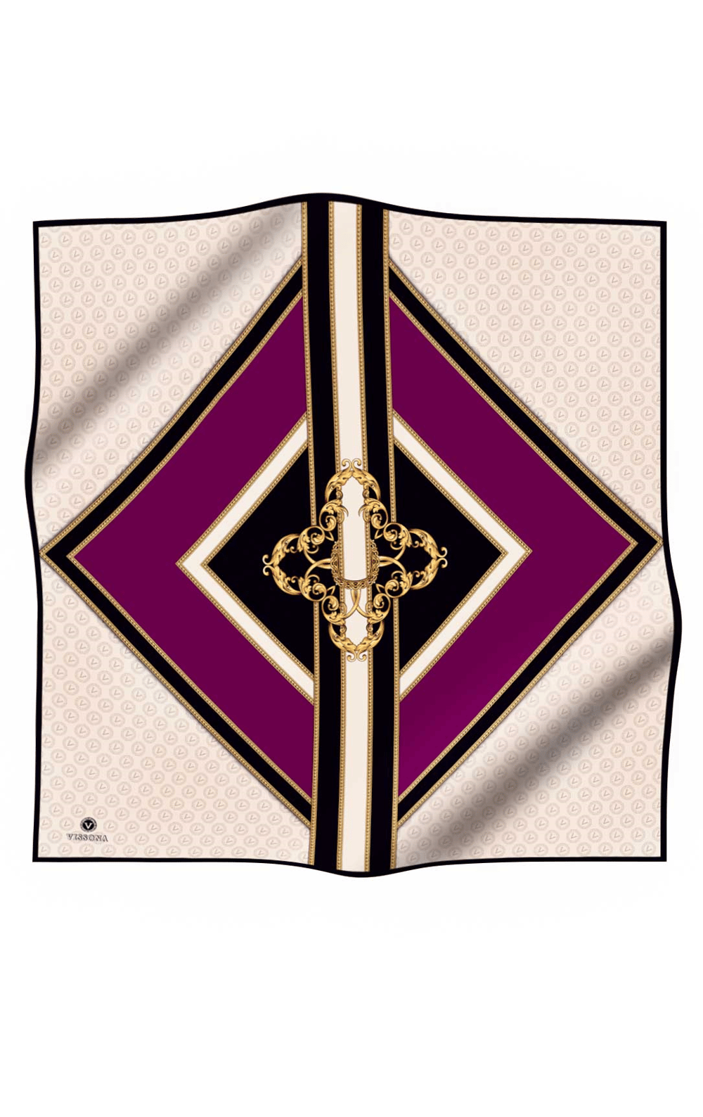 %100 Twill İpek Monogram ve Barok Desenli Mürdüm - Krem Renkli 90x90 Eşarp Dikim Şekli : El Dikişi
