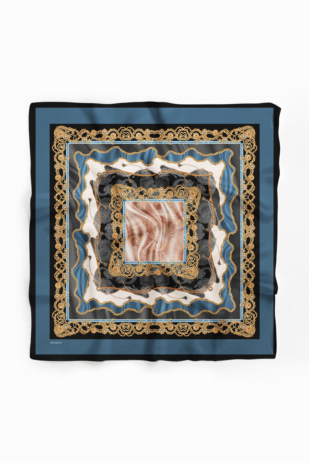 D117 Kadın Zincir  Desenli Bandana 50x50 Mavi DG0222-22 Snz