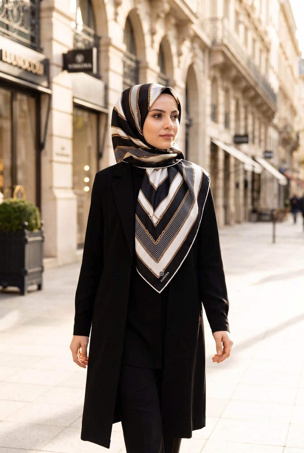 %100 Twill İpek Zincir Detaylı Geometrik Desenli Siyah - Krem Renkli 90x90 Eşarp Dikim Şekli : El Dikişi