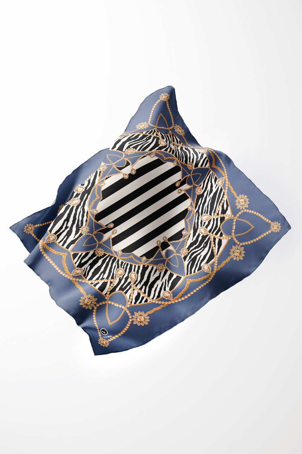 Twill Gold Detaylı Zebra Desenli İndigo Renkli 90x90 Eşarp (İpek İçermez) Kenar Dikiş Şekli El Dikişli