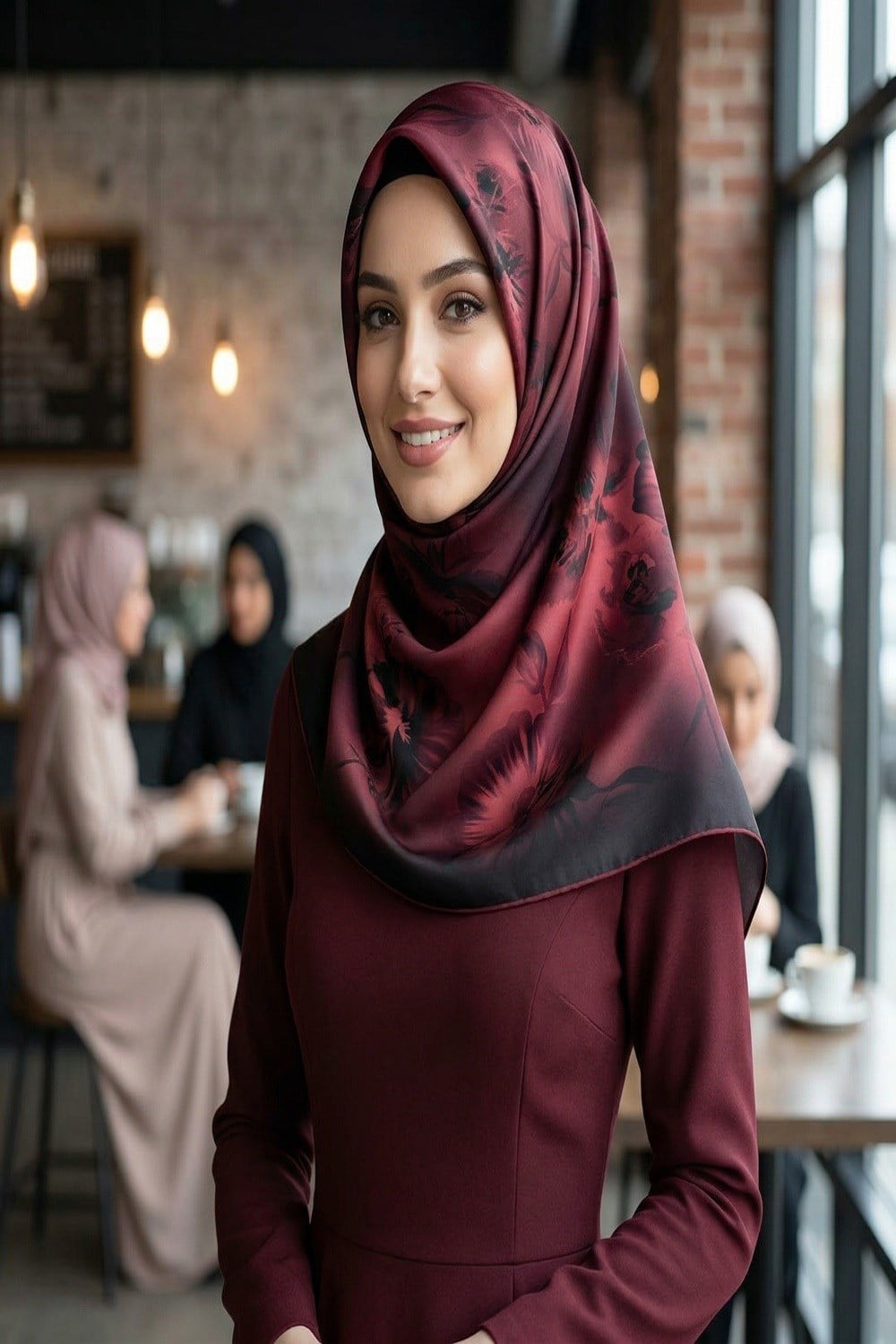 100% Twill İpek Çiçek Desenli Bordo Renkli 90x90 Dikim Şekli : El Dikişi Eşarp