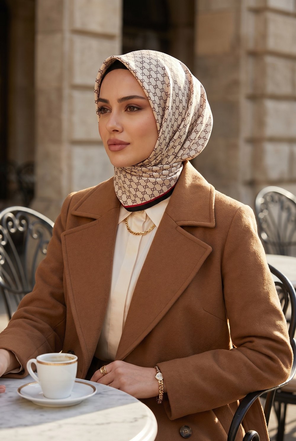 %100 Twill İpek Geometrik Desenli Siyah - Krem Renkli 90x90 Eşarp Dikim Şekli : El Dikişi