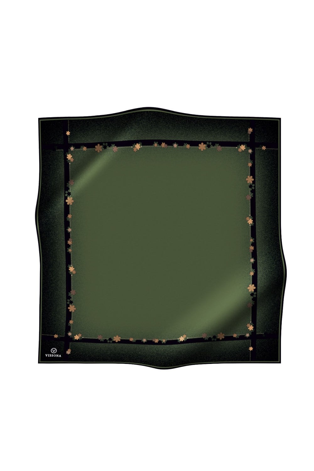 %100 Twill İpek Kenar Motifi Çiçek Desenli Haki - Gold Renkli 90x90 Eşarp Dikim Şekli : El Dikişi