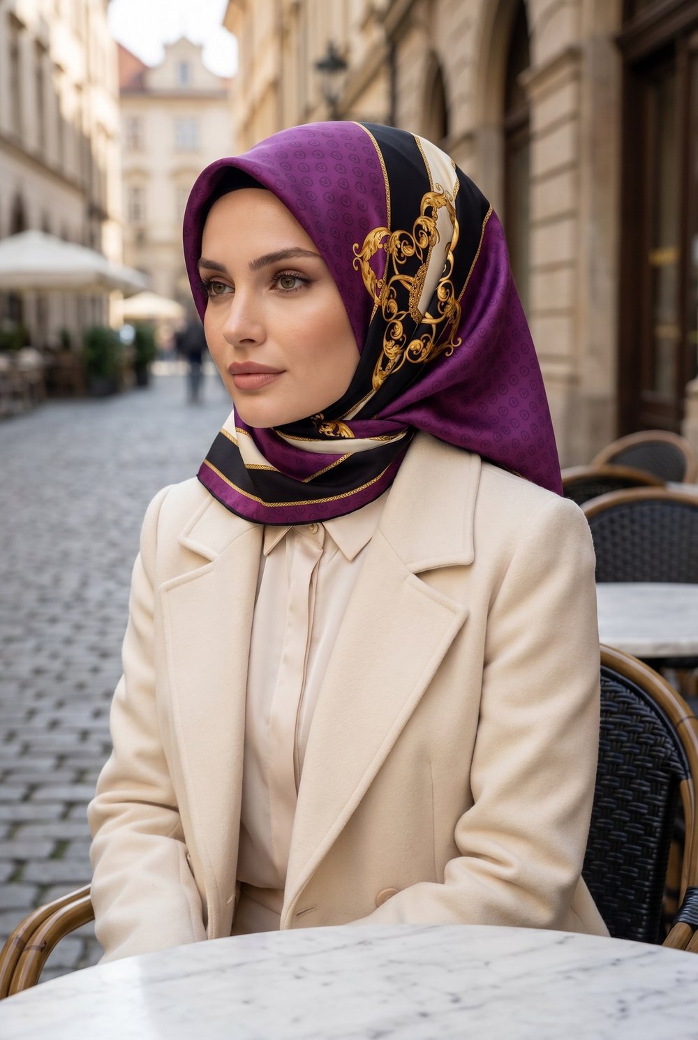 %100 Twill İpek Monogram Ve Barok Desenli Mürdüm - Siyah Renkli 90x90 Eşarp Dikim Şekli : El Dikişi