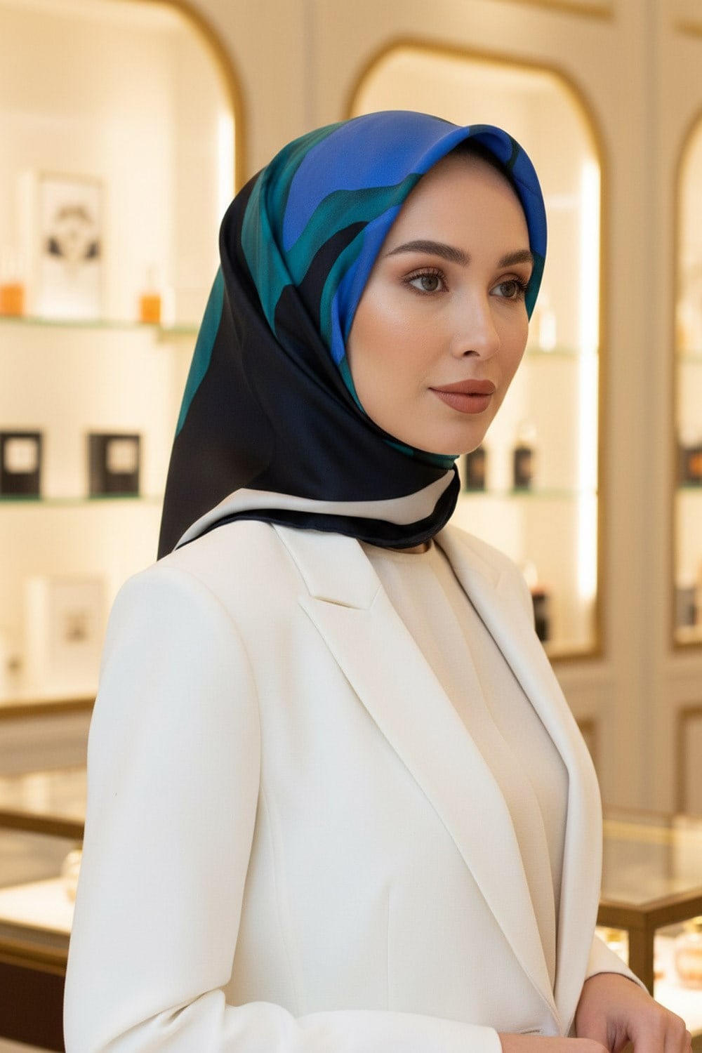 %100 Twill İpek Geometrik Desenli Petrol Yeşili - Saks Renkli 90x90 Eşarp Dikim Şekli : El Dikişi