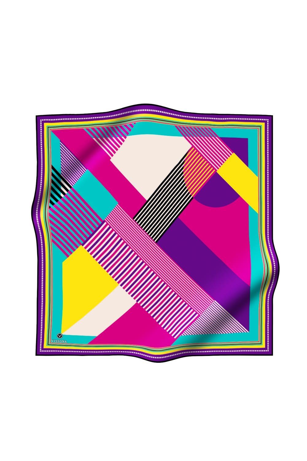 %100 Twill İpek Geometrik Desenli Fuşya - Mor Renkli 90x90 Eşarp Dikim Şekli : El Dikişi