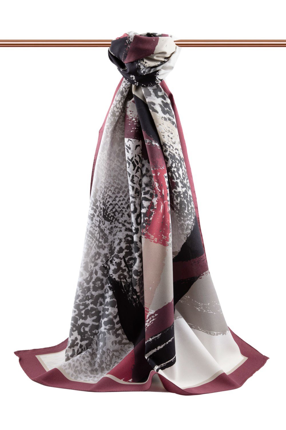 LÜKS MEDİNE İPEĞİ LEOPAR DESENLİ KREM - BORDO RENKLİ 75X195 KIRIŞMAZ ŞAL MOSS KREP DİKİŞ TİPİ İTALYAN DİKİŞLİ